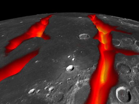 Rendering depicts the surface of the moon with two bright streams of lava flowing across the surface.