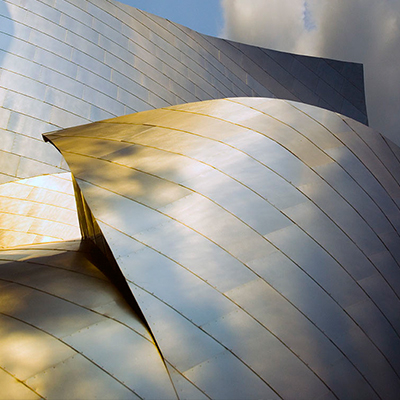 Exterior photograph of the Frank Gehry designed Fisher Center for the Performing Arts