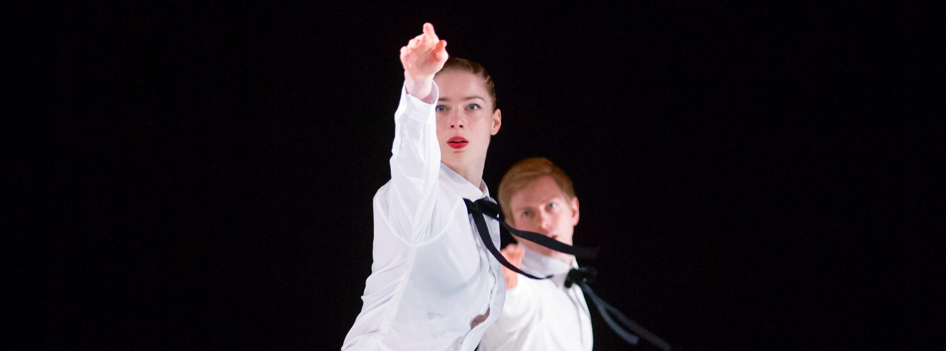 Hubbard Street Dancers Emilie Leriche, foreground, and David Schultz in I am Mister B by Gustavo Ramírez Sansano. Photo by Todd Rosenberg.