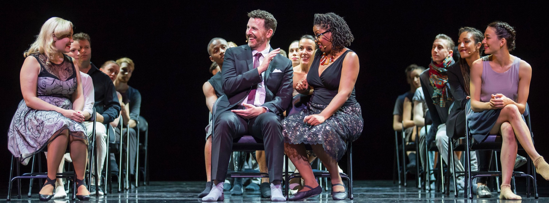 Hubbard Street + The Second City in The Art of Falling. Foreground, from left: Carisa Barreca, Tim Mason, Christina Anthony, and Adrienne Lipson. Photo by Todd Rosenberg.