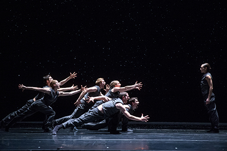 Hubbard Street Dancers in Solo Echo by Crystal Pite with Jacqueline Burnett, far right. Photo by Todd Rosenberg.
