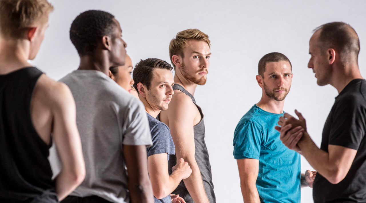 Brian Brooks, Inaugural Choreographer in Residence at the Harris Theater, far right, in process with Hubbard Street Dancers Elliot Hammans, Jeffery Duffy, Jessica Tong, Kevin J. Shannon, Florian Lochner and Jesse Bechard. Photo by Todd Rosenberg.