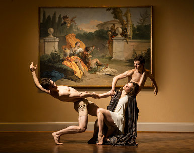 Hubbard Street Dancers, from left: Garrett Patrick Anderson, Alice Klock and Kevin J. Shannon at the Art Institute of Chicago. Giovanni Battista Tiepolo. Rinaldo and Armida in Her Garden, 1742/45. Oil on canvas. Bequest of James Deering. Photo by Todd Rosenberg.