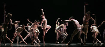 LINES Ballet Dancer Meredith Webster, center, with Hubbard Street Dance Chicago and Alonzo King LINES Ballet in AZIMUTH by Alonzo King. Photo by Amber Bliss.