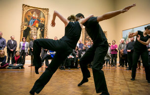 Hubbard Street 2 Dancers Lissa Smith and Jules Joseph in the Mr. and Mrs. Martin A. Ryerson Gallery at the Art Institute of Chicago with, at right, HS2 Apprentice Adrienne Lipson. Photo by Todd Rosenberg.