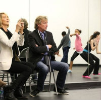 From left: Dizzy Feet Foundation executive director Danae Rees; actress and Dizzy Feet board member Jenna Elfman; and Nigel Lythgoe, creator and executive producer of So You Think You Can Dance and co-president and a founding member of the Dizzy Feet Foundation. Choreo Lab participants, from left: David Wolfe, Nina Chrusfield and Ruby Rosenthal. Photo by Todd Rosenberg.