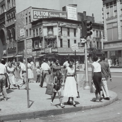 busy street corner, vintage photo
