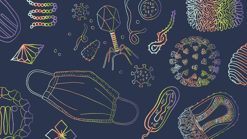 Artist's rendering of DNA string, coronavirus molecules, a mask and other COVID-19-related iconography.