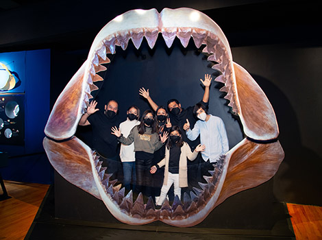 A group of people pose with a megalodon jaw