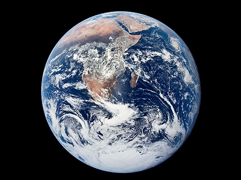 This classic photograph of the Earth was taken on Dec. 7, 1972, by the crew of the final Apollo mission, Apollo 17, as they traveled toward the moon on their lunar landing mission.
