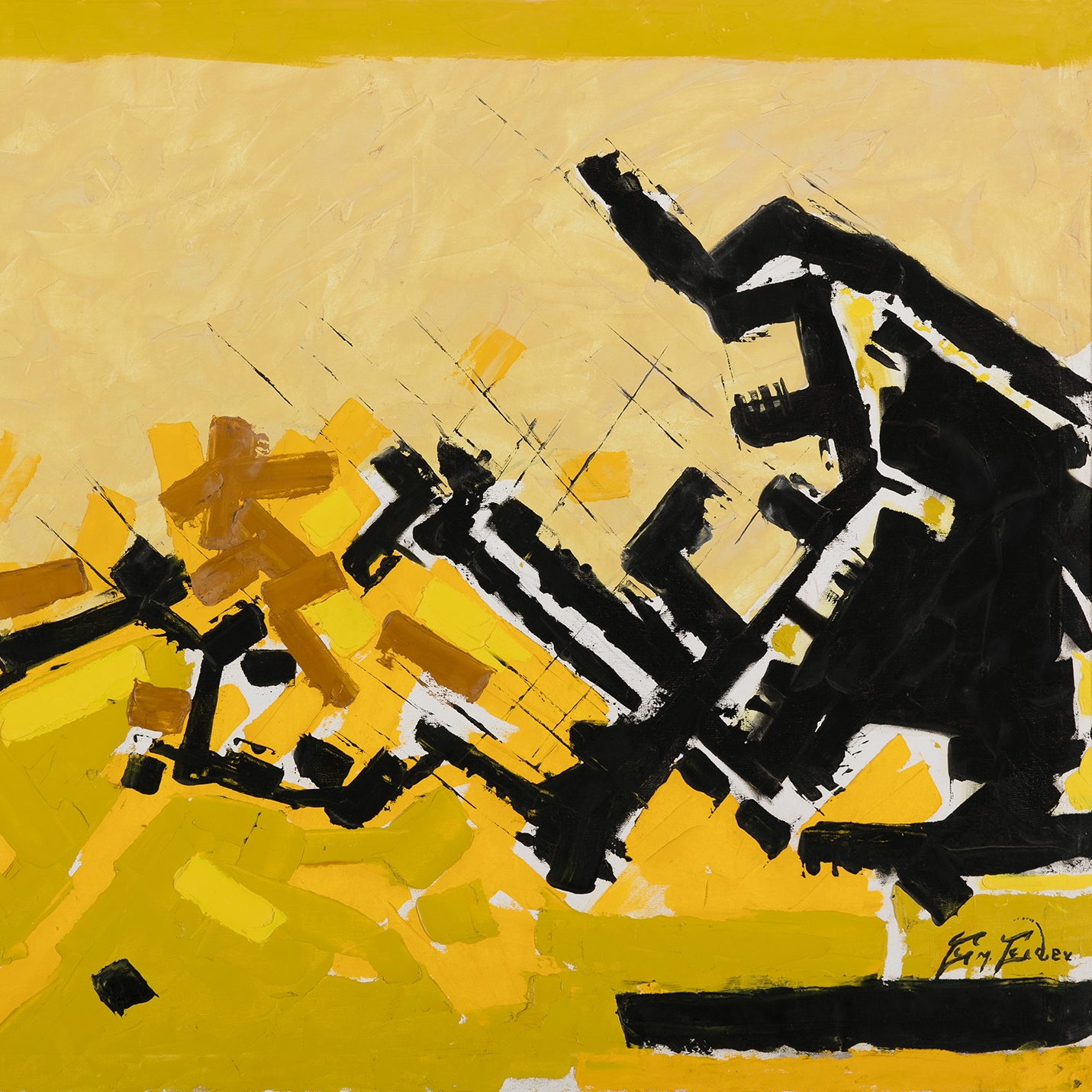 Photo of an abstract oil painting with black, brown, and yellow shapes.