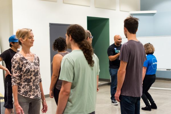 Students laughing during a scene