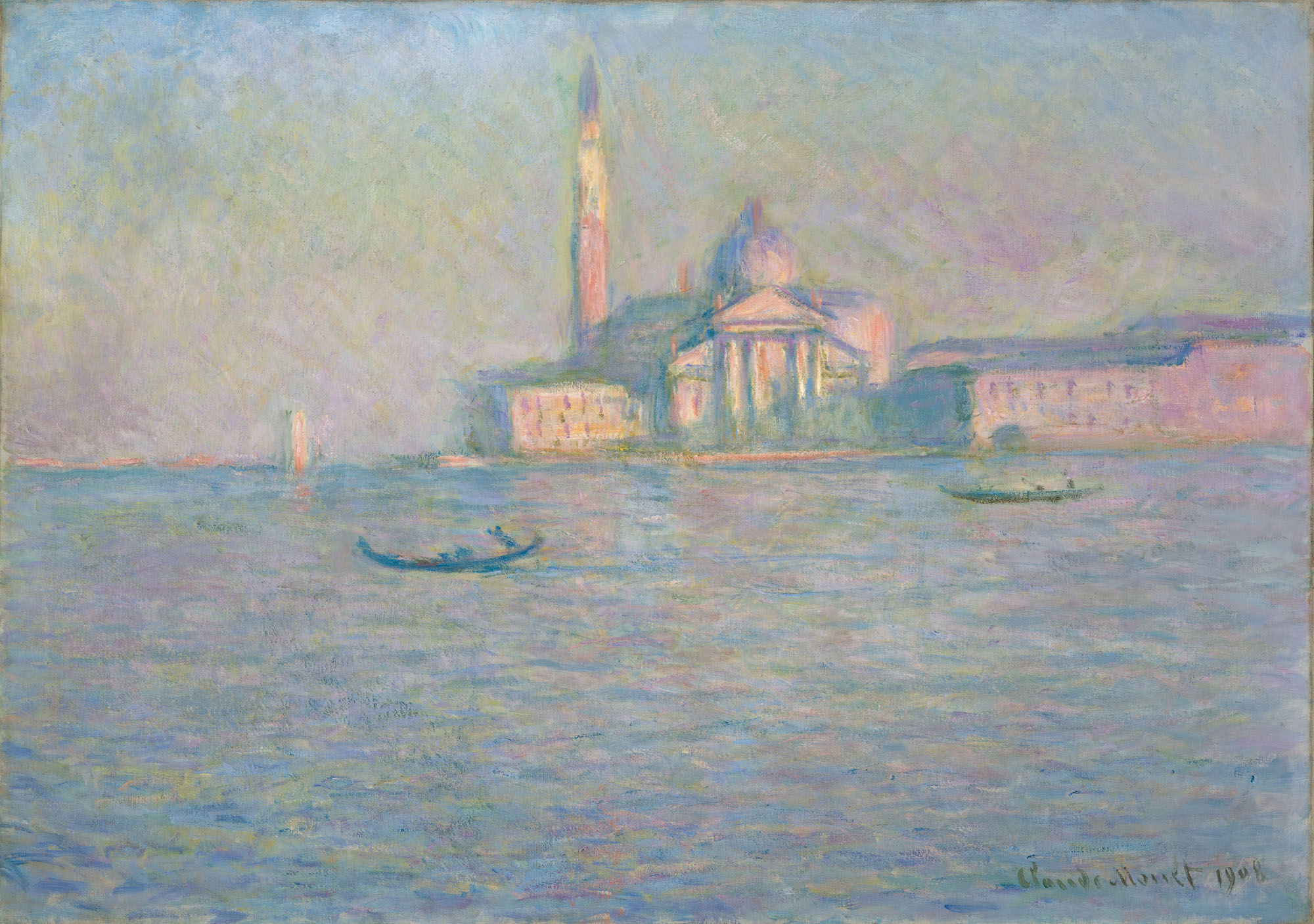 An Impressionist painting of a church with a body of water in the foreground