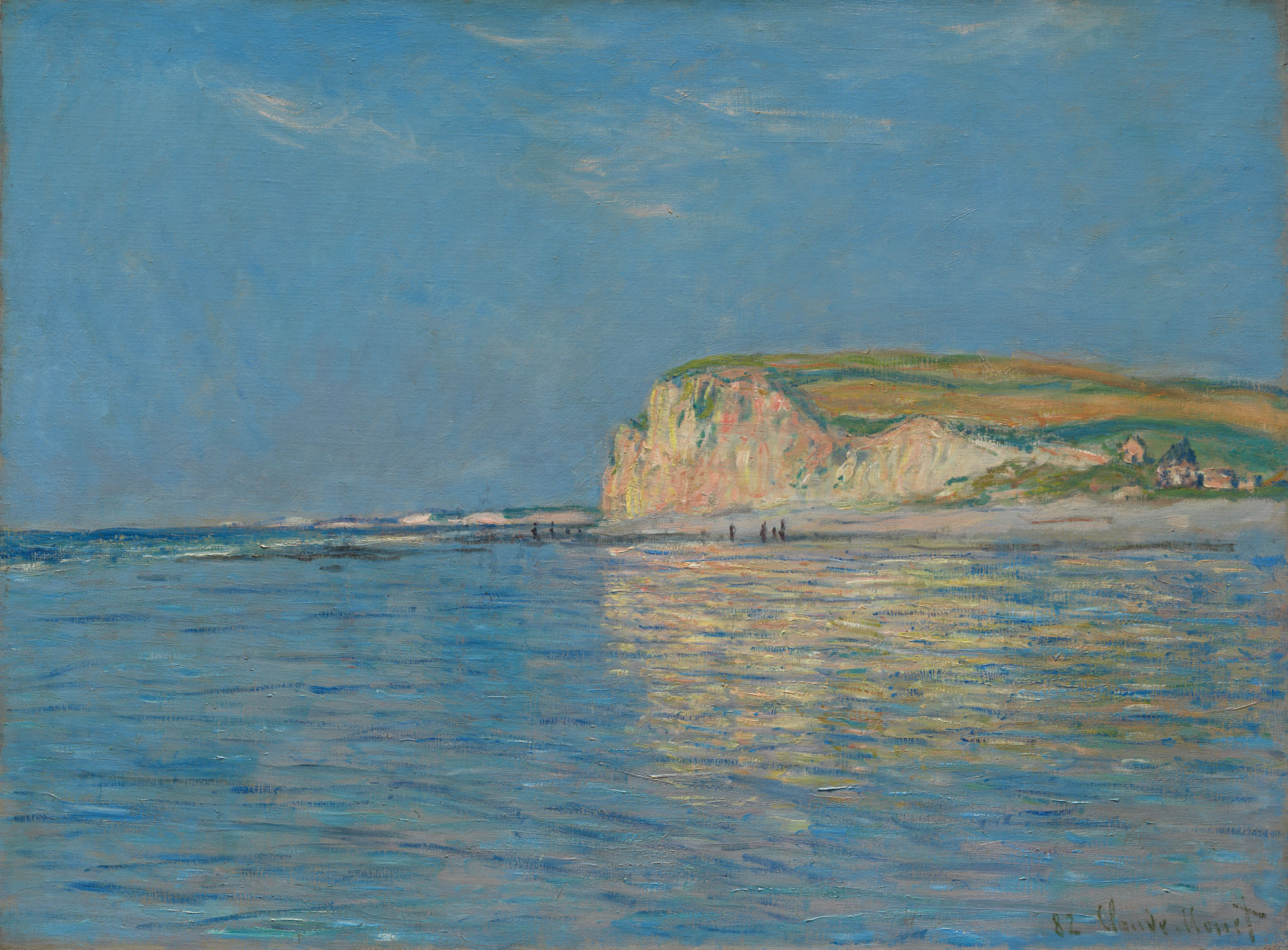 An Impressionist painting of a cliff against a blue sky and sea