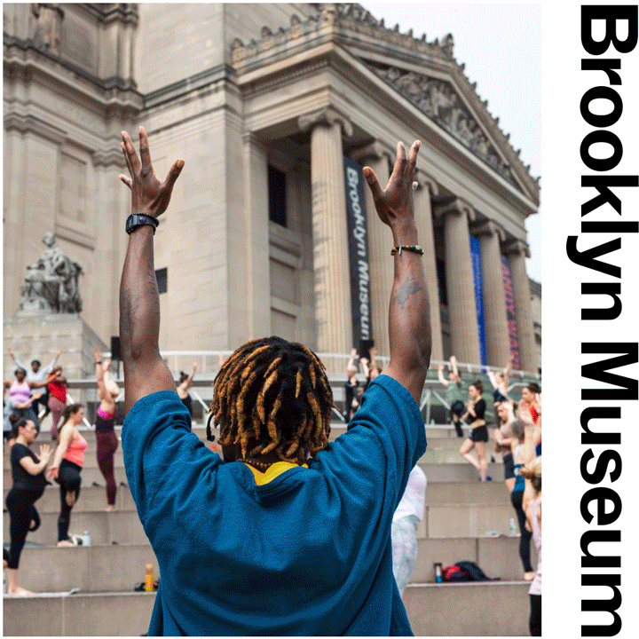 A GIF of people laughing, dancing, and doing yoga at the Brooklyn Museum