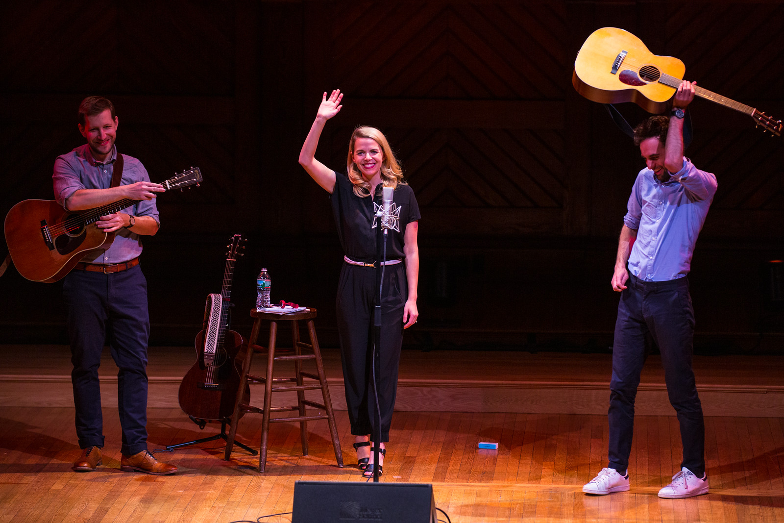 March 17, 2017. Aoife O'Donovan with Julian Lage and Chris Eldridge after a double bill at Sanders Theater in Cambridge, MA presented by the Celebrity Series of Boston. Photo by Robert Torres.