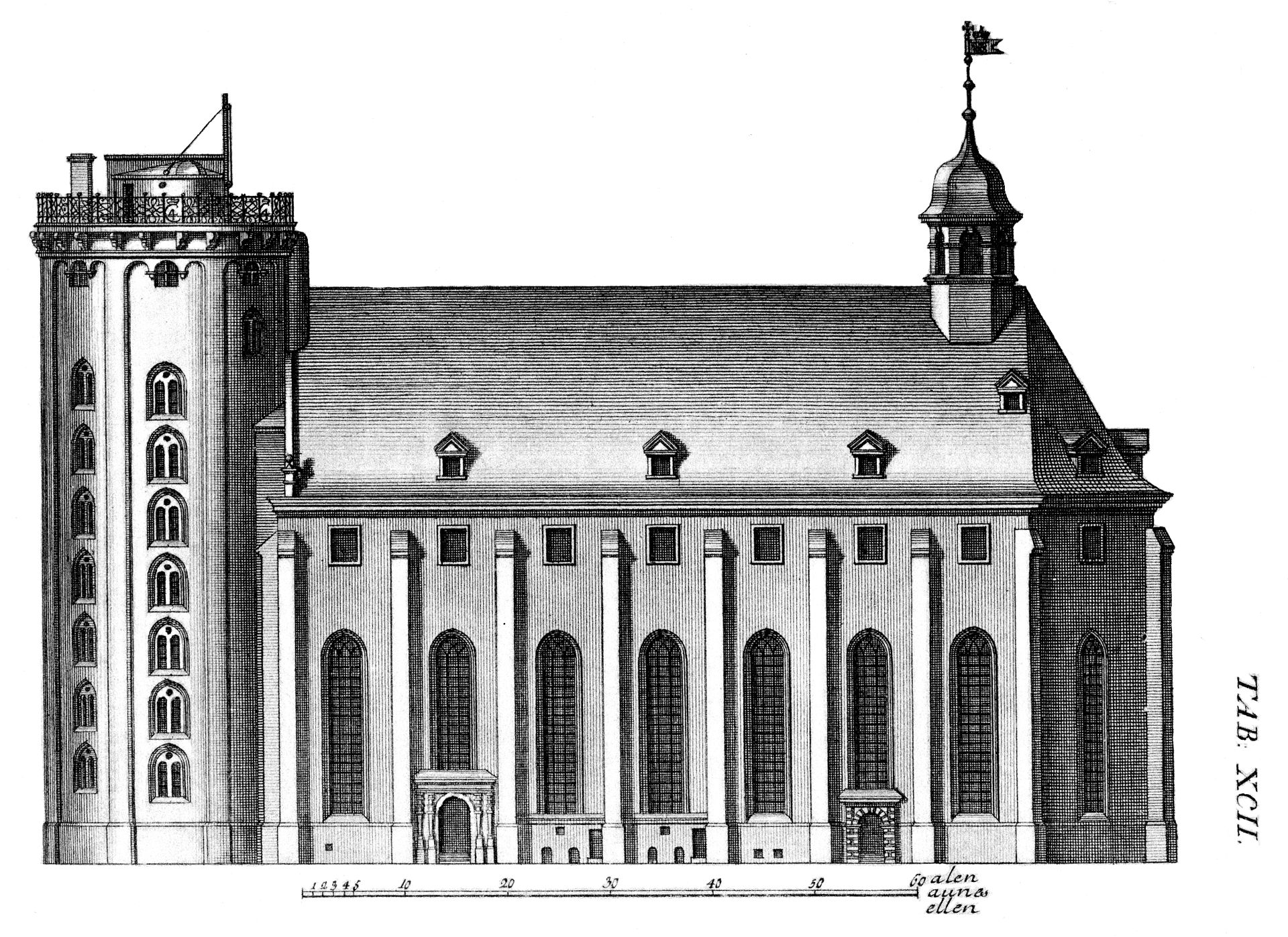 Rundetaarn. Illustration from the architect Laurids de Thurah's Hafnia hodierna of 1748. (PD-199)