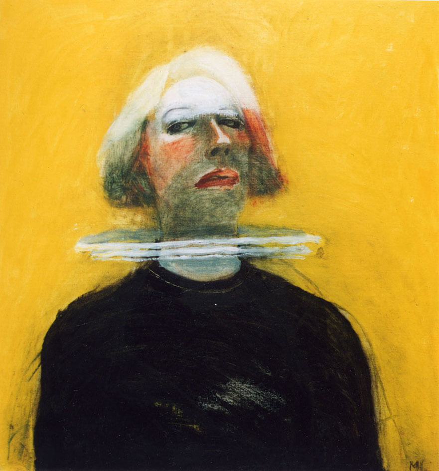 Self portrait of a woman with blonde ear length hair wearing a ruff and a black top. The background is a deep yellow.