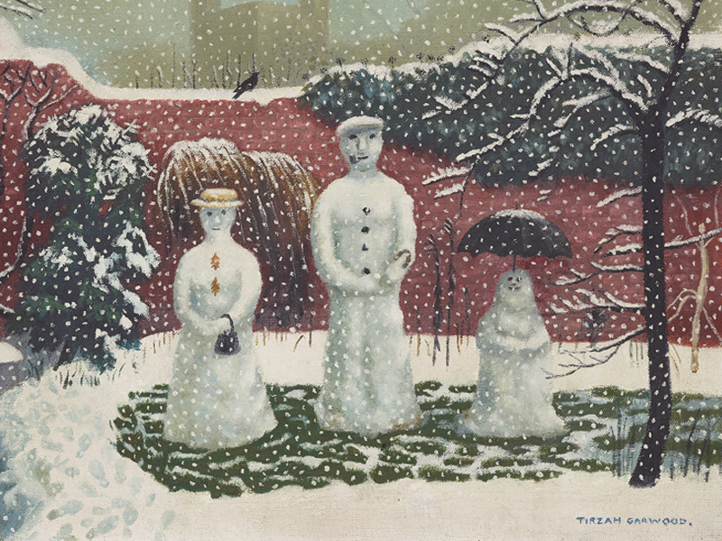 Painting of three snowmen in a line. One to left is female and holds a small black handbag, has oak leaves for buttons and a hat, middle is larger than the other two and smokes a pipe and wears a flat cap and the final one is the smalest and has an open umbrella stuck in the top of its head. They are in a snowy garden with a brick wall behind them.