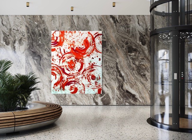 Nita Patel abstract piece hanging on a marble wall