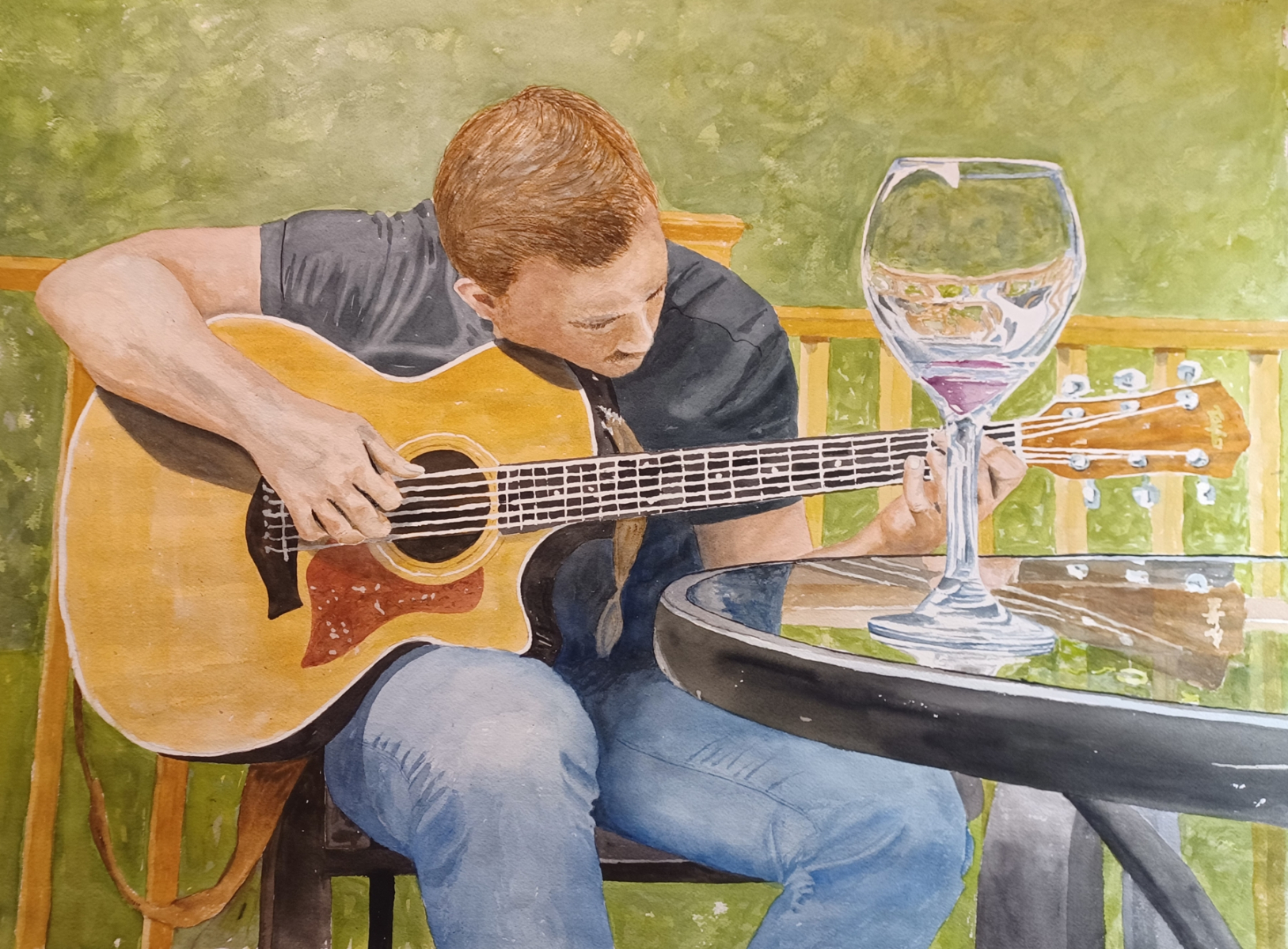 Painting of a man sitting and playing guitar with a wine glass- water color