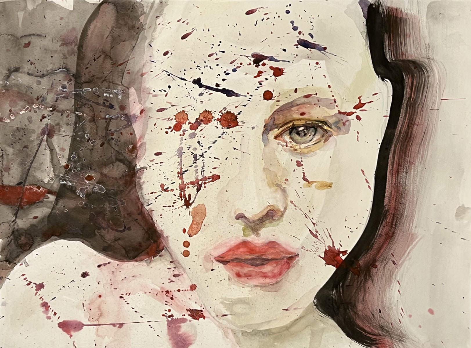 Abstract portrait of a woman with paint splatter- watercolor