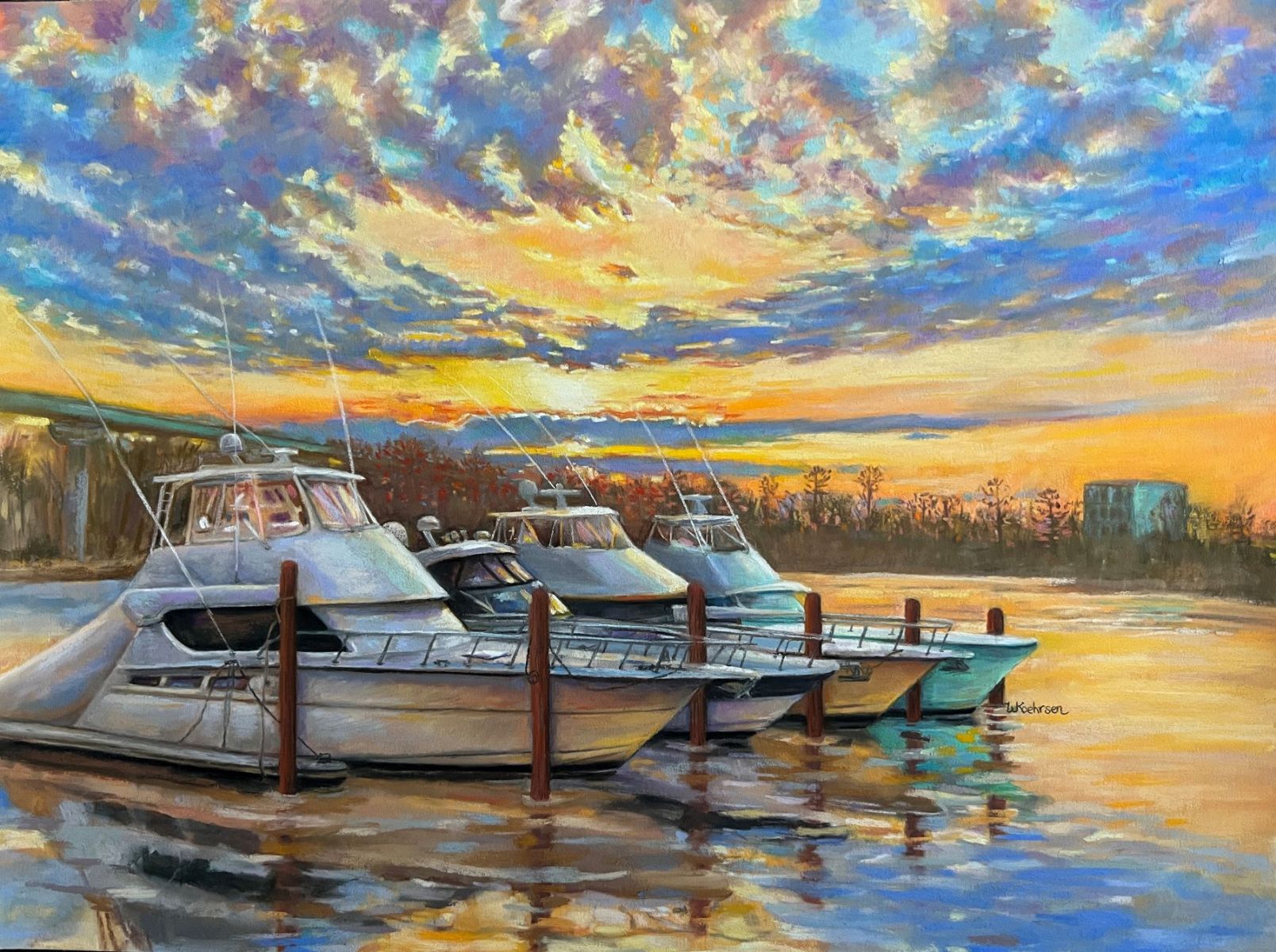 Landscape painting of boats in a wharf as the sun sets- pastel
