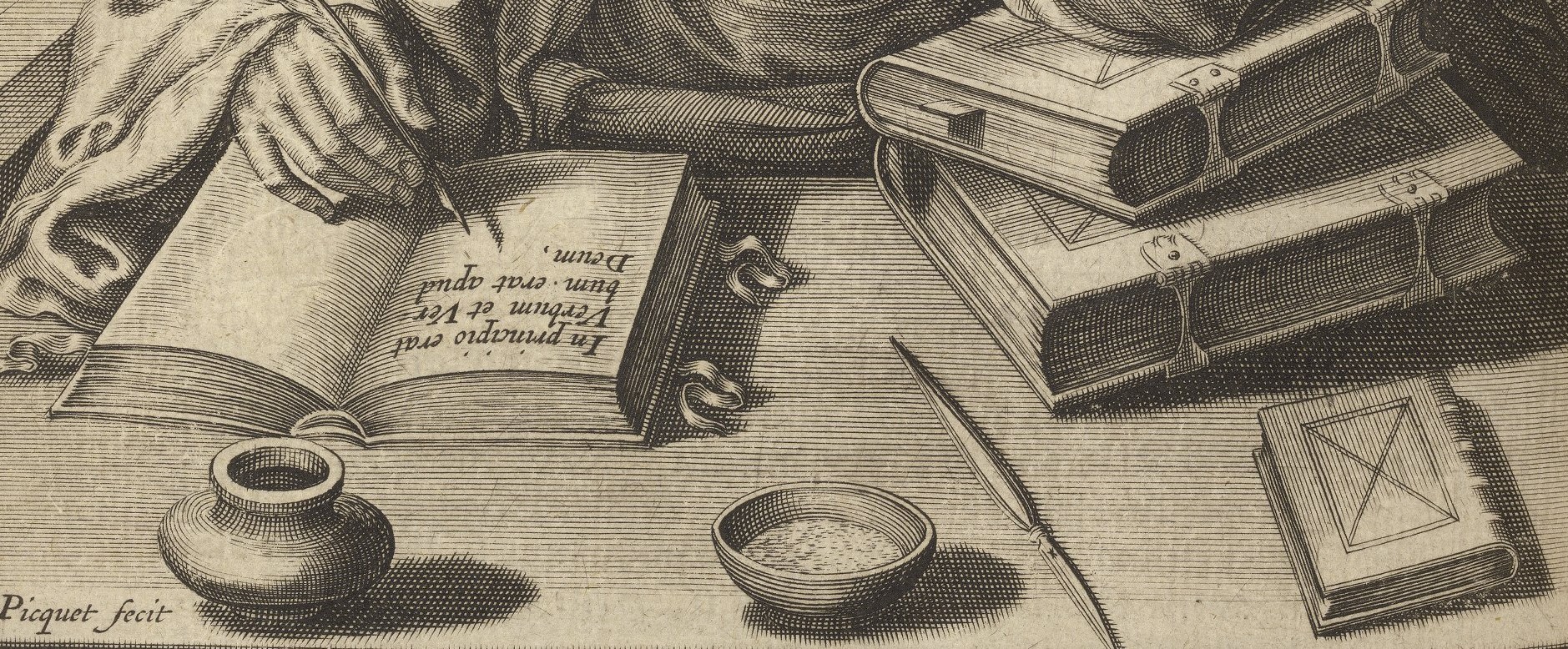 Person writing with quill in book while resting on pile of books