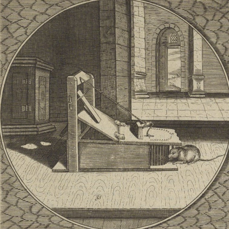 Print of mouse entering mousetrap 