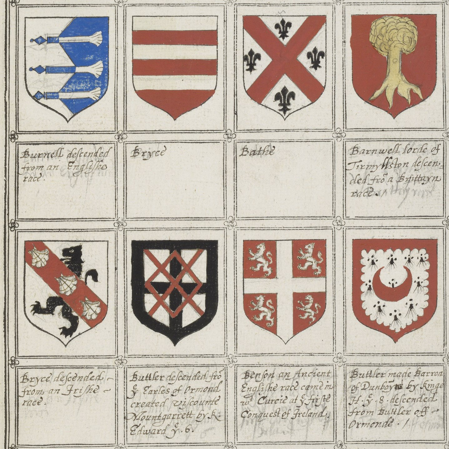 4x4 grid of early modern shields with descriptions beneath