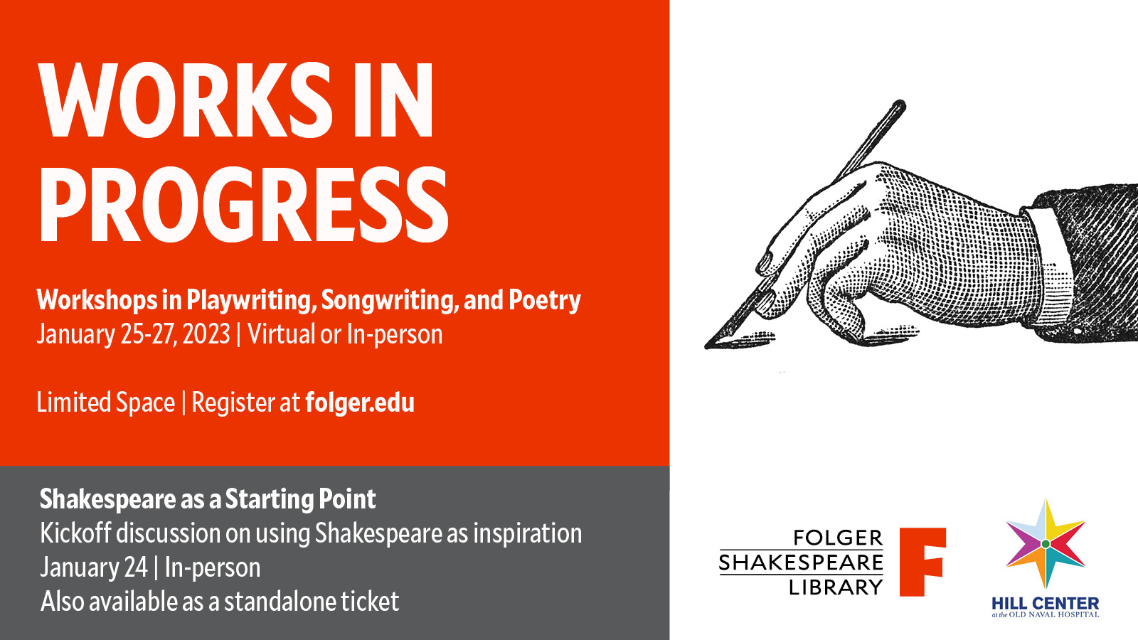 Advertisement graphic for Works in Progress program, including text, color blocks, picture of a hand writing, and logos