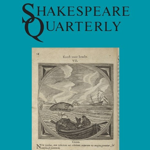 The cover of Shakespeare Quarterly with the words Shakespeare Quarterly on a blue background above an early modern print