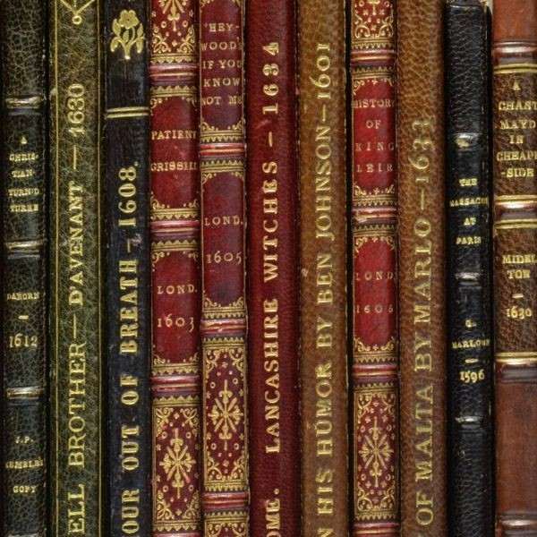Spines of books on a shelf