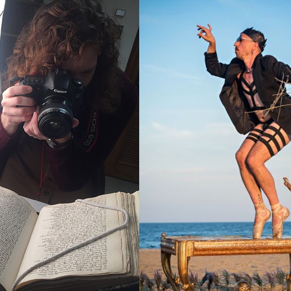 Two photos stitched together, left to right: Photo of a woman photographing a book, a man performing on pointe
