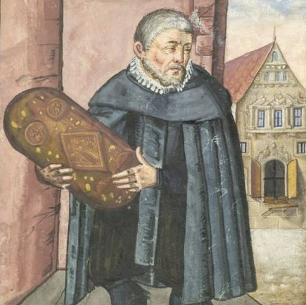 Painted image of an early modern man holding a decorative loaf of bread