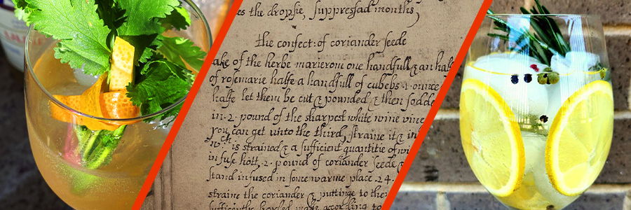 Three photos stitched together with red lines: a cocktail, an early modern manuscript, and another cocktail