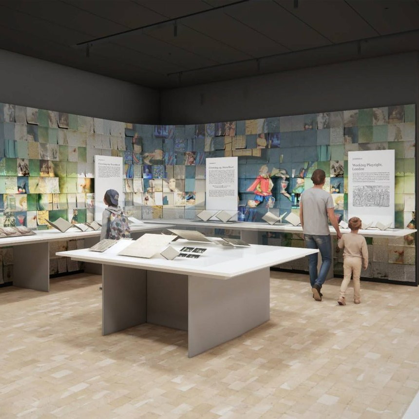Rendering of a new Folger exhibition hall with three people looking at objects
