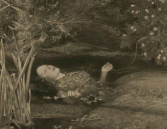 sepia print of Ophelia drowning in a pool