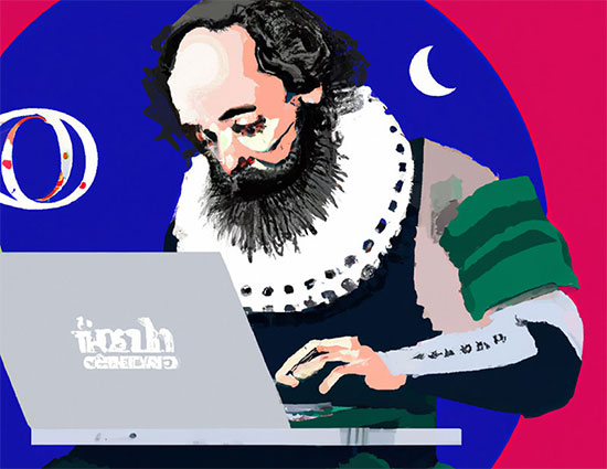 Man who looks like William Shakespeare using a laptop