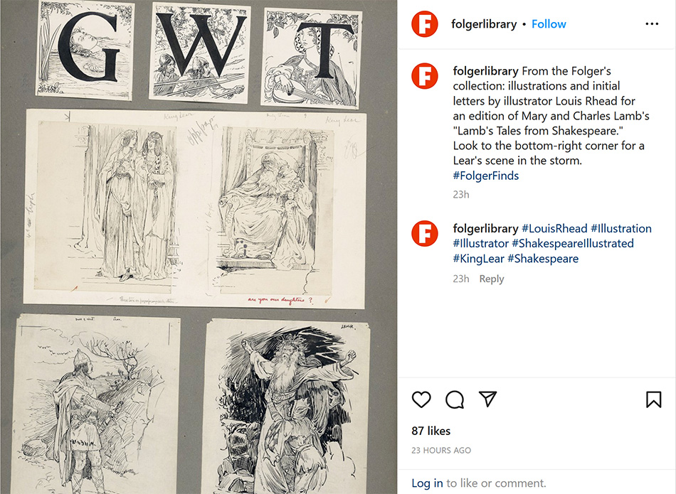 Instagram post with illustrations by Louis Rhead for an edition of Mary and Charles Lamb's "Lamb's Tales from Shakespeare"