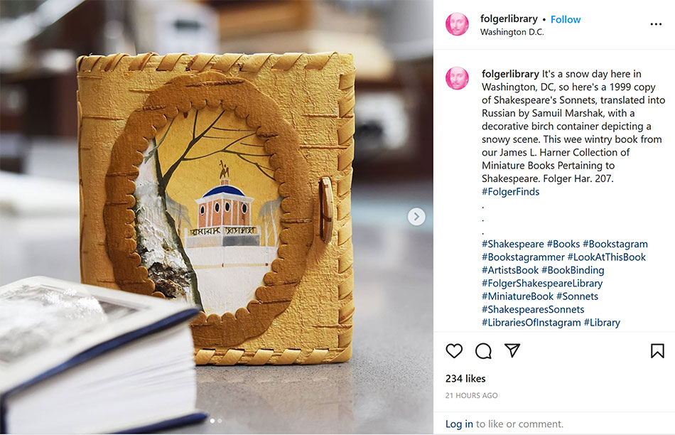 Instagram post of a miniature book showing a snowy scene