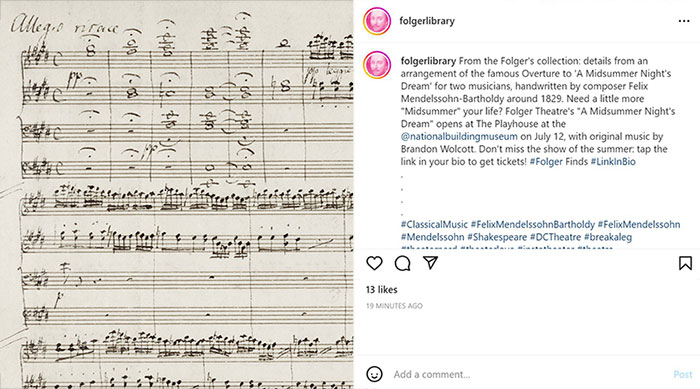 Instagram post featuring a score handwritten by composer Felix Mendelssohn-Bartholdy