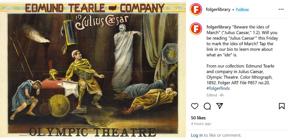 Instagram post showing a lithograph of a scene from Julius Caesar