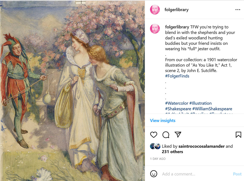 Instagram post featuring a watercolor of a scene from As You Like It