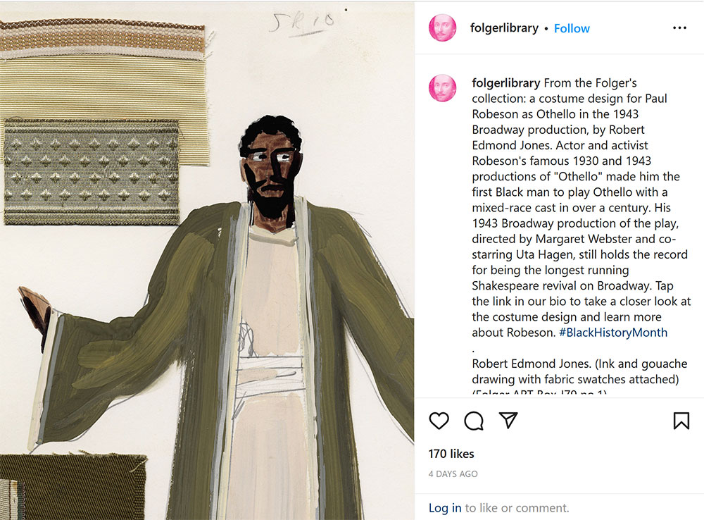 Instagram post with Othello costume design for Paul Robeson