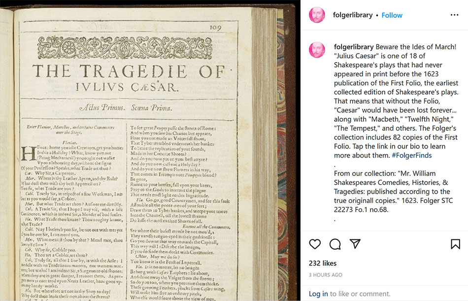 Instagram post with Julius Caesar title page