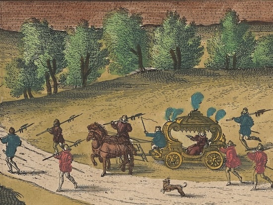 A detail from a hand-colored, early modern illustration shows Queen Elizabeth in a coach, surrounded by guards and horsemen.