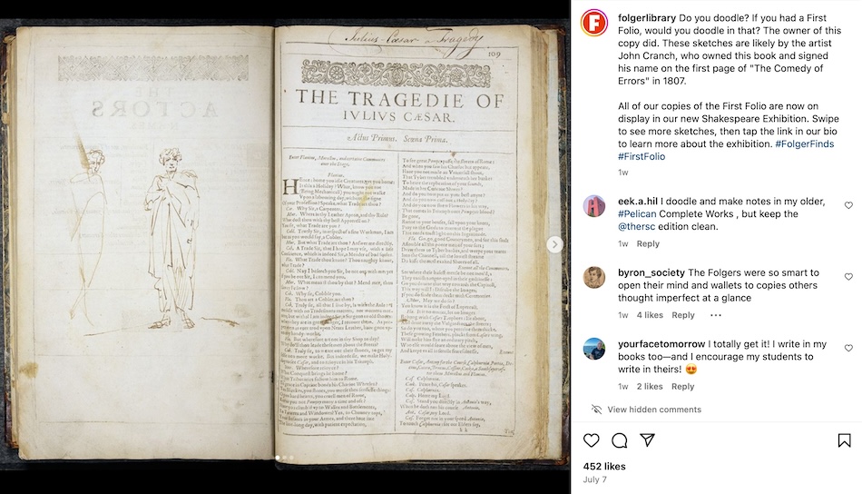 Sketch of a figure in a toga across from the first page of Julius Caesar in a First Folio owned by 19th-century artist John Cranch