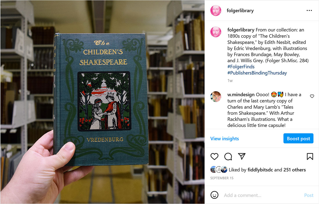 Instagram post featuring a book called The Children's Shakespeare