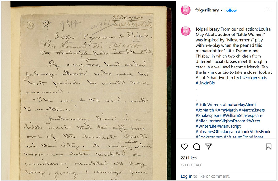 Instagram post featuring a manuscript by Louisa May Alcott